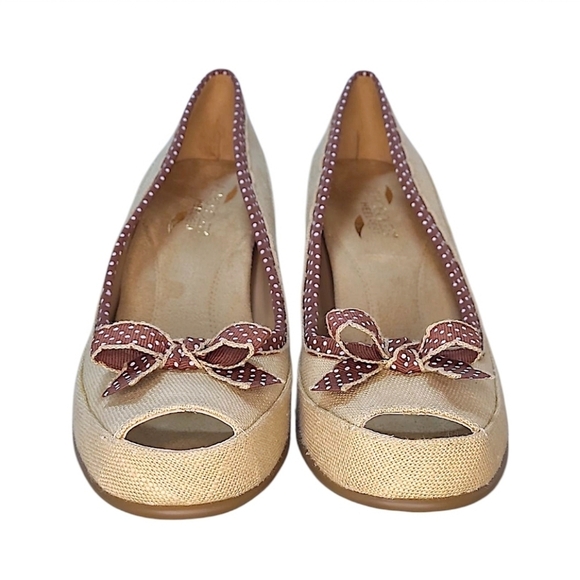 AEROSOLES Benefit RattanWoven Peeptoe Tan Brown Polka Dot Bow Size 10 Medium - Picture 4 of 12